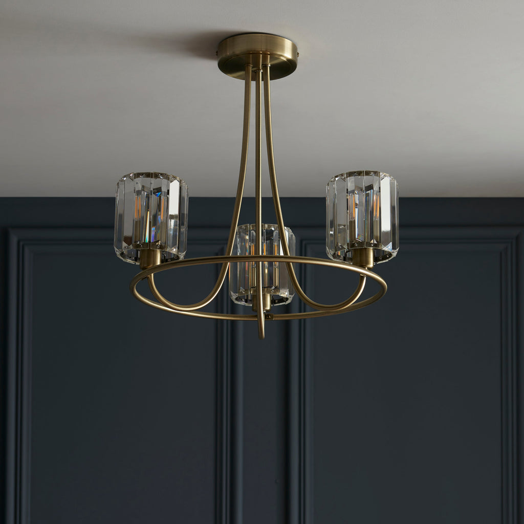 Endon Berenice 3 Light Semi-Flush Fitting - Antique Brass Plate & Clear Glass