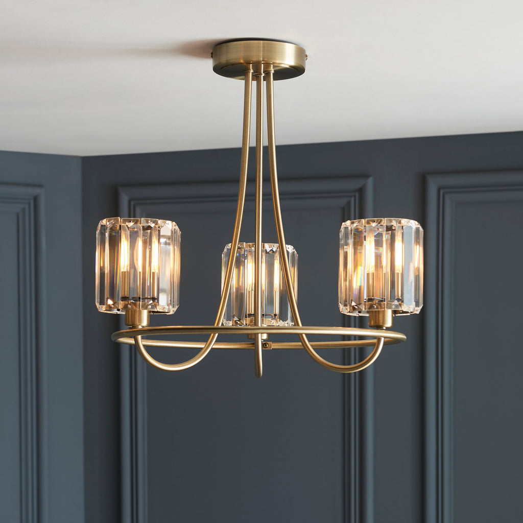 Endon Berenice 3 Light Semi-Flush Fitting - Antique Brass Plate & Clear Glass