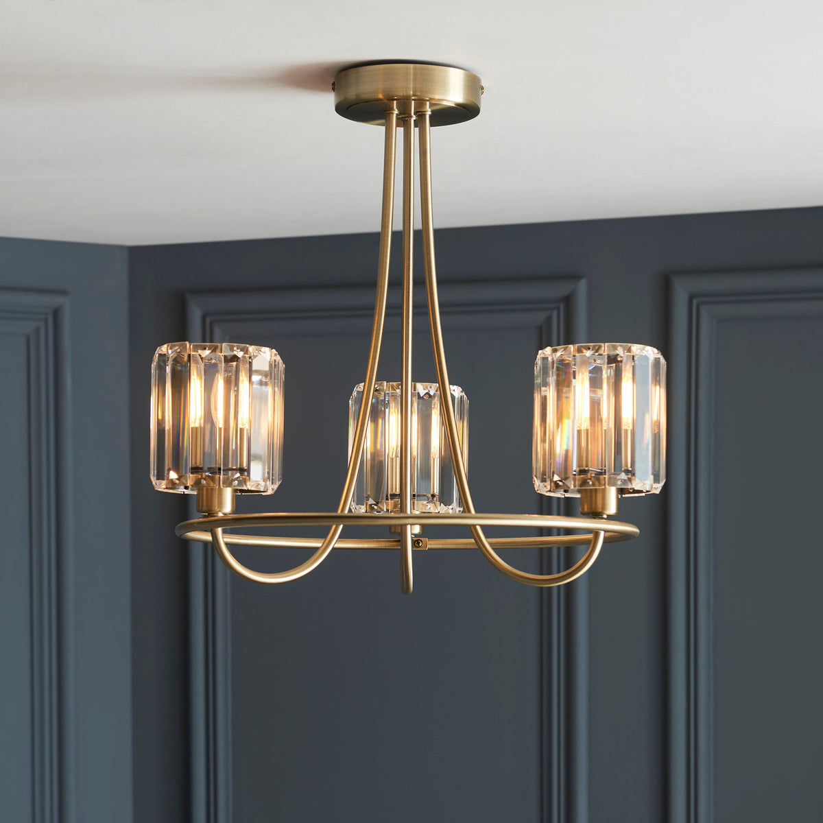 Endon Berenice 3 Light Semi-Flush Fitting - Antique Brass Plate & Clear Glass