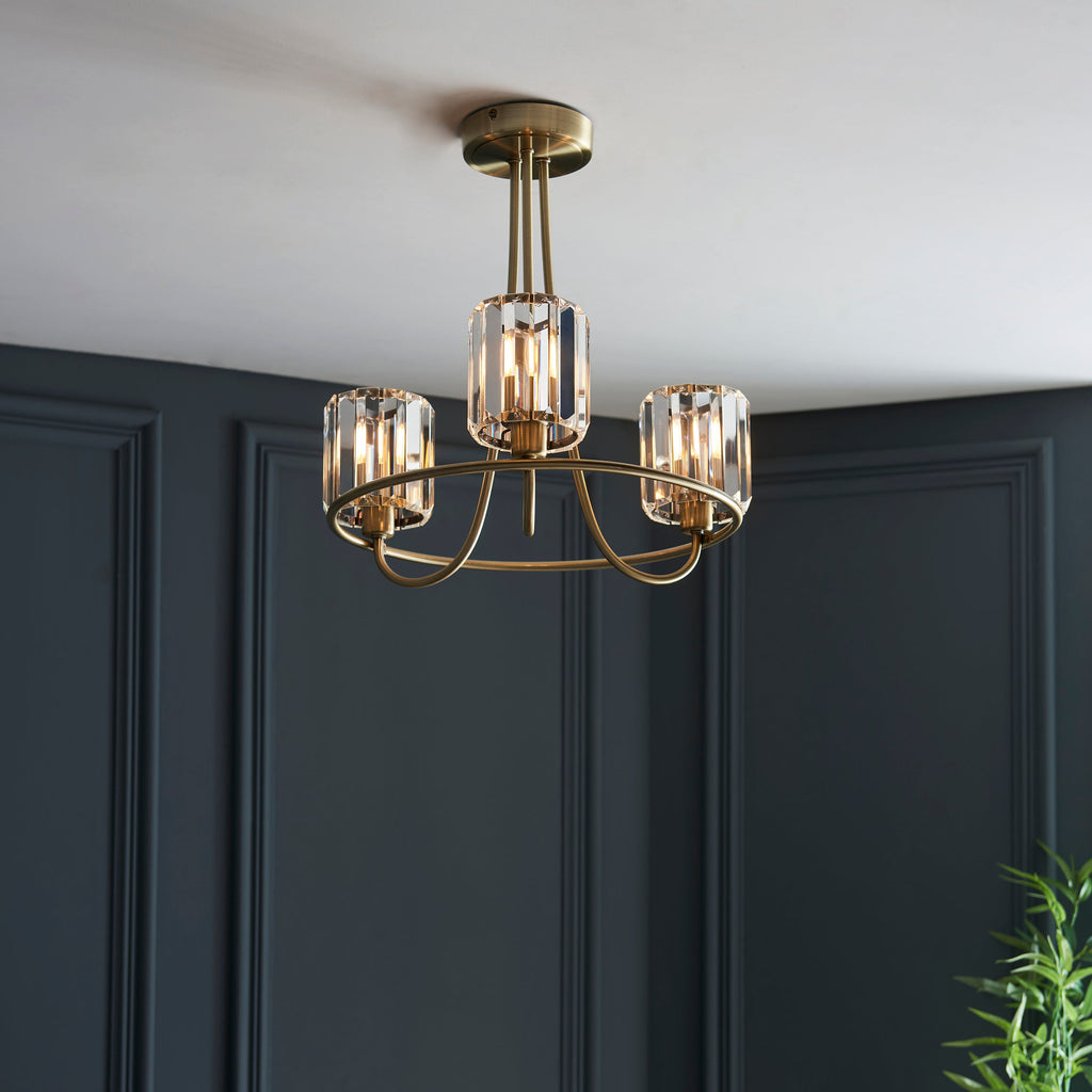 Endon Berenice 3 Light Semi-Flush Fitting - Antique Brass Plate & Clear Glass