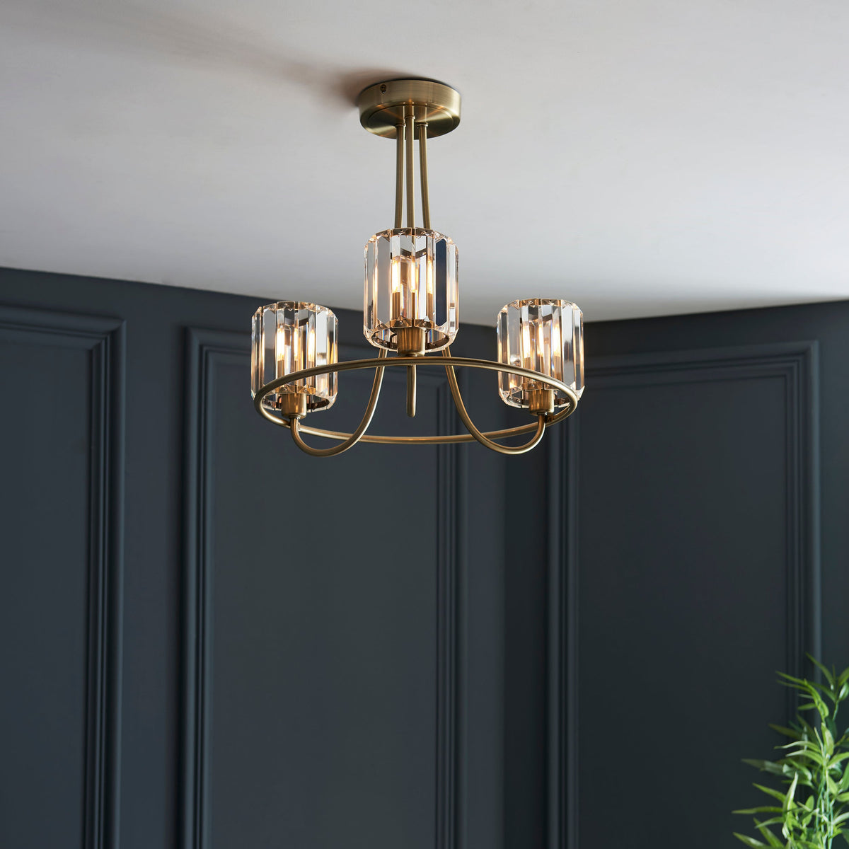 Endon Berenice 3 Light Semi-Flush Fitting - Antique Brass Plate & Clear Glass