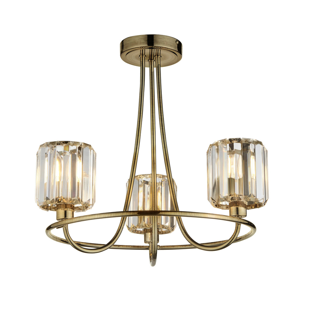 Endon Berenice 3 Light Semi-Flush Fitting - Antique Brass Plate & Clear Glass