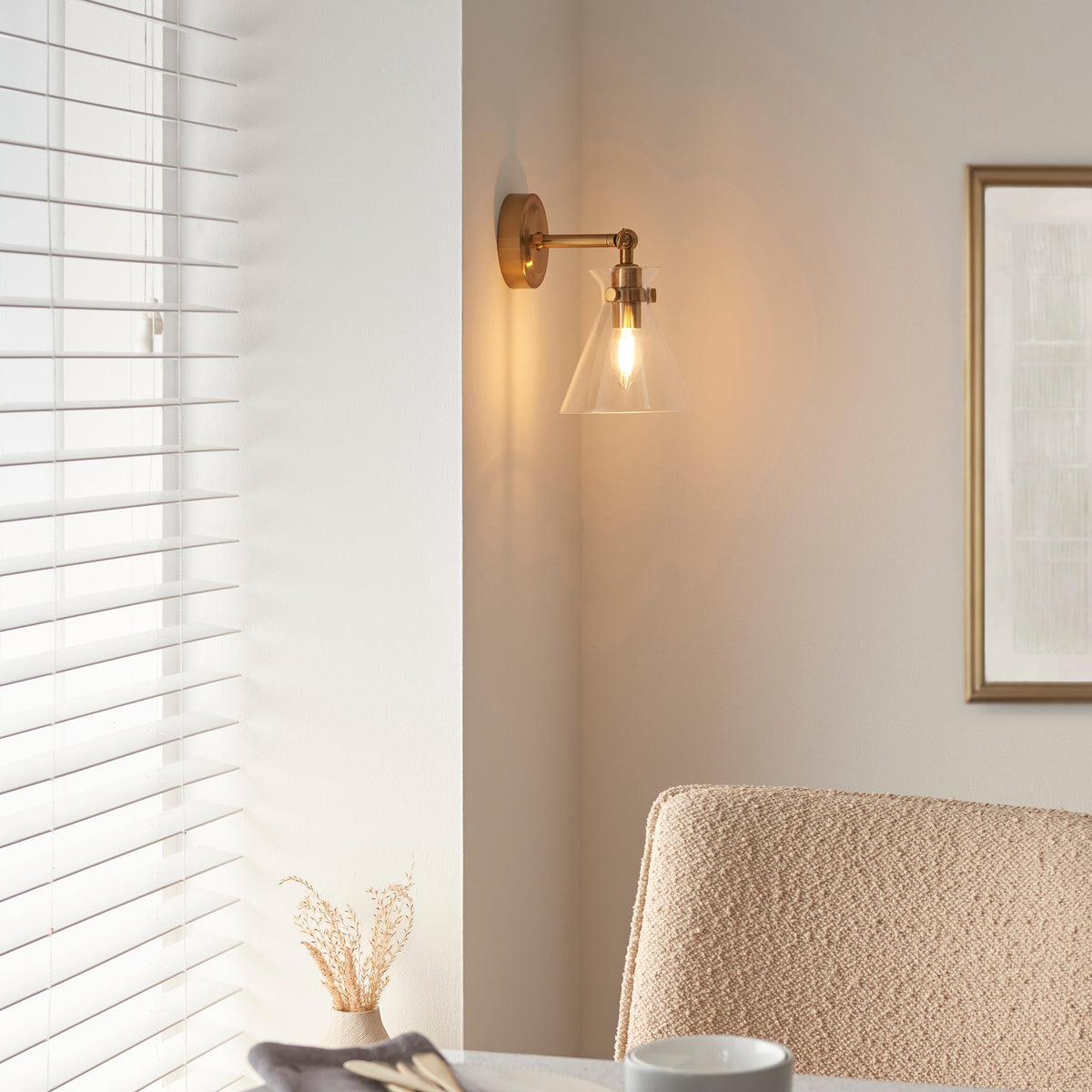 Endon Harlow Wall Light - Brushed Aged Brass Plate & Clear Glass