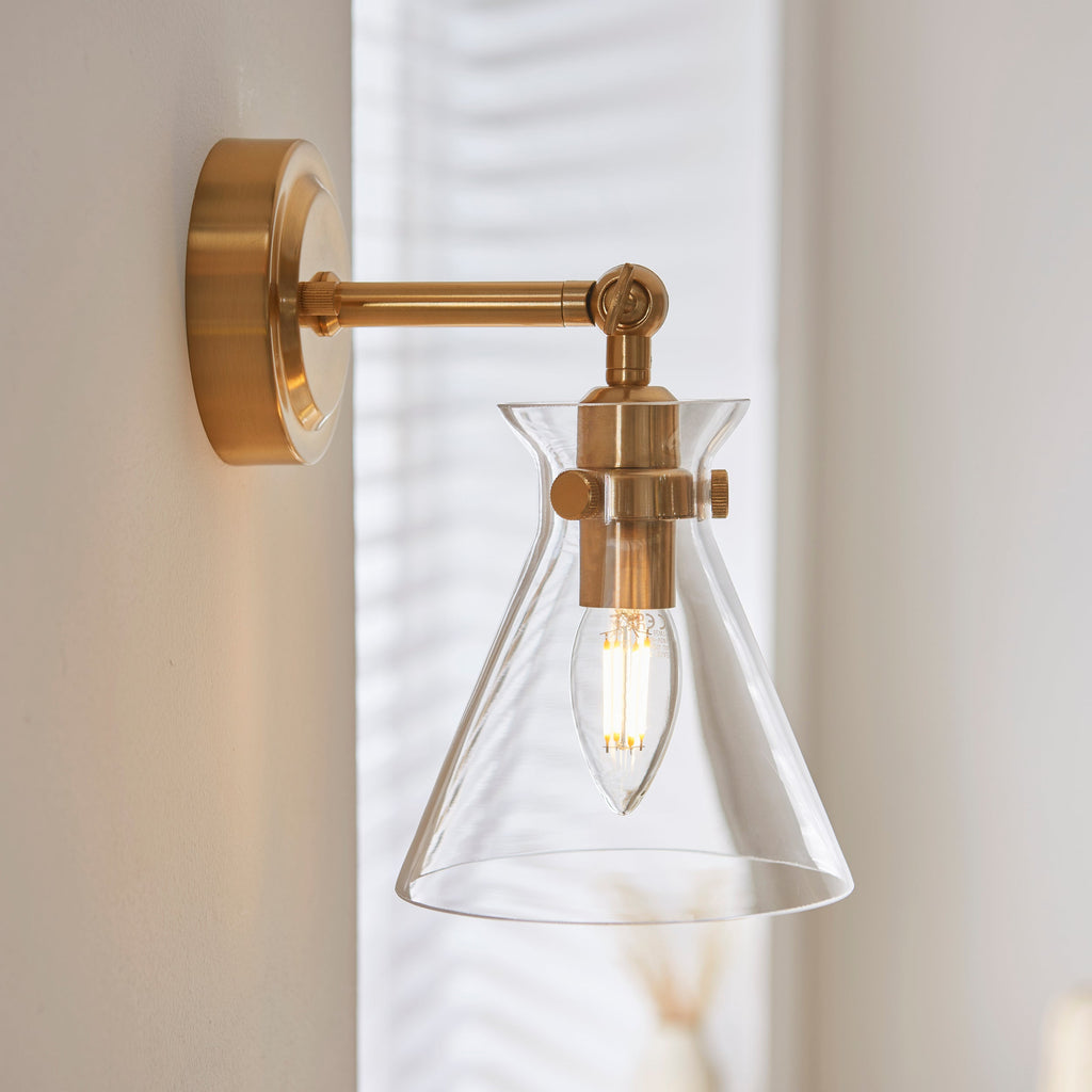 Endon Harlow Wall Light - Brushed Aged Brass Plate & Clear Glass