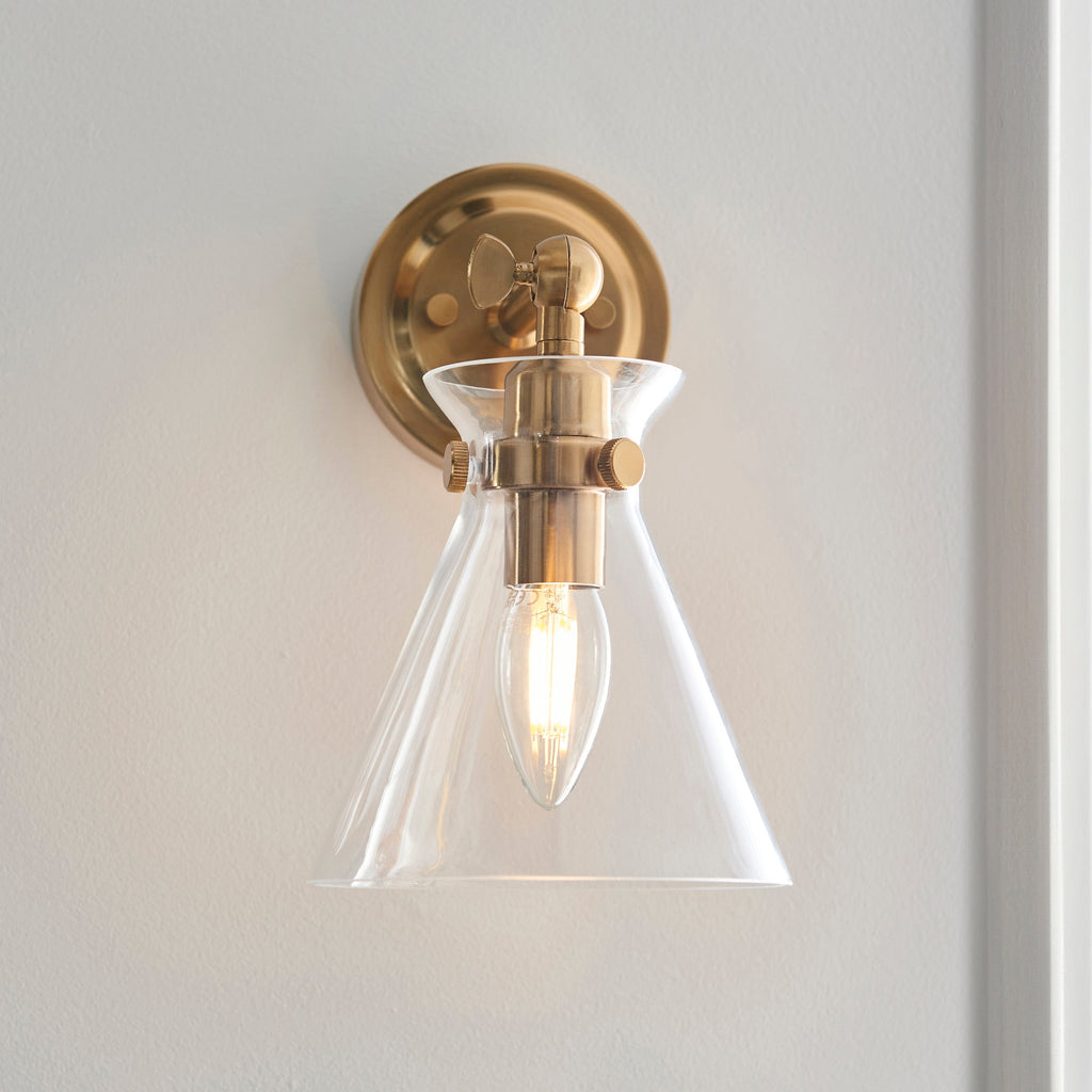 Endon Harlow Wall Light - Brushed Aged Brass Plate & Clear Glass