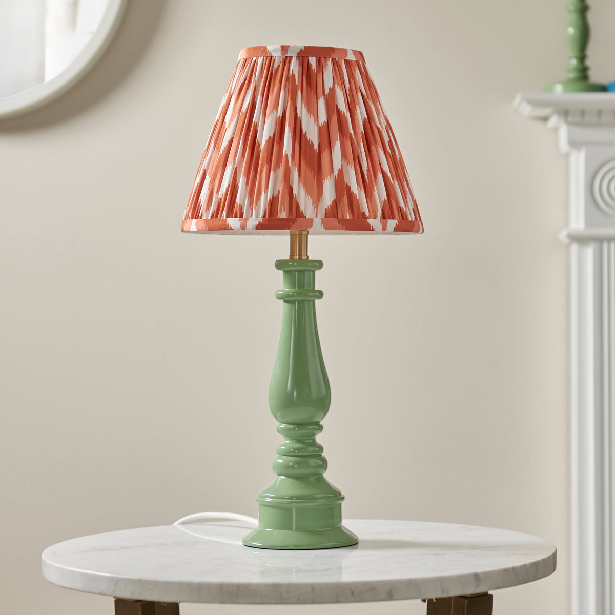 Endon Myrtle Gloss Cotswold Green Table Lamp & Zigzag 25cm Apricot Orange Shade