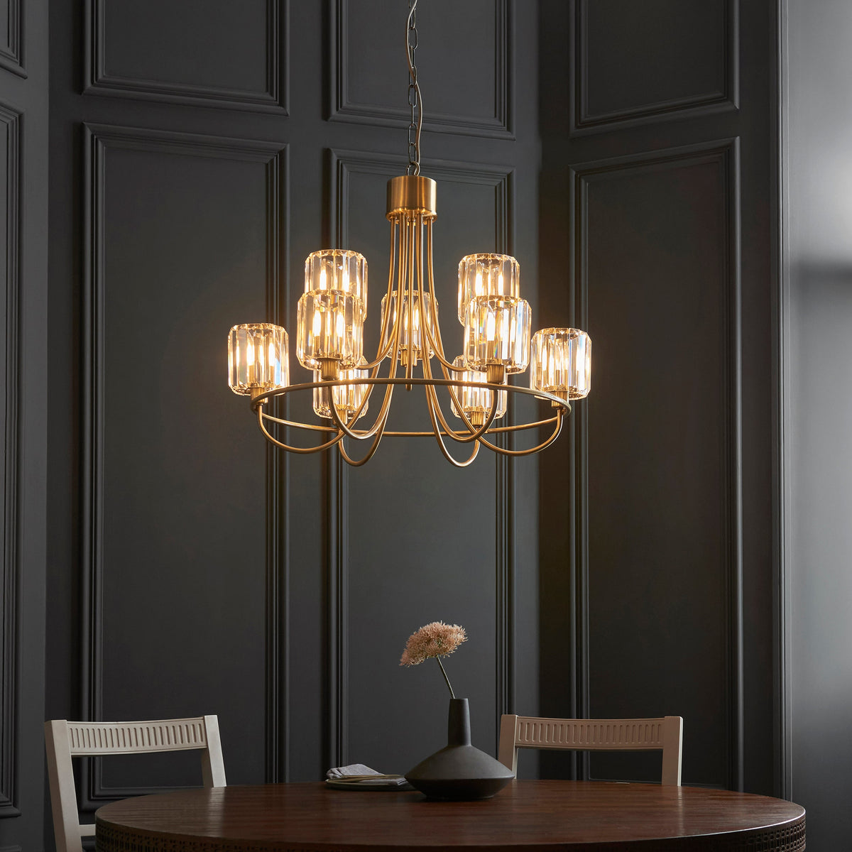 Endon Berenice 9 Light Tiered Pendant - Antique Brass Plate & Clear Glass