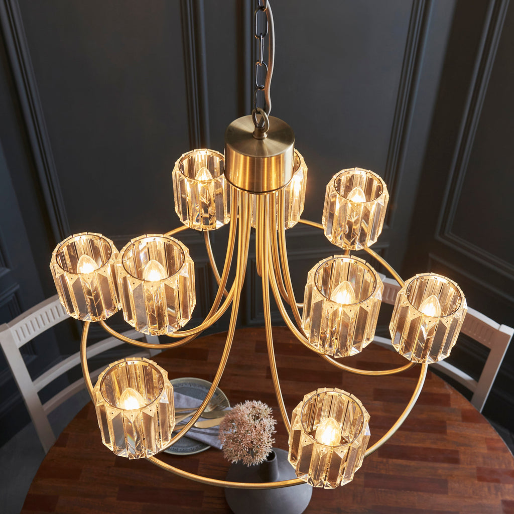 Endon Berenice 9 Light Tiered Pendant - Antique Brass Plate & Clear Glass