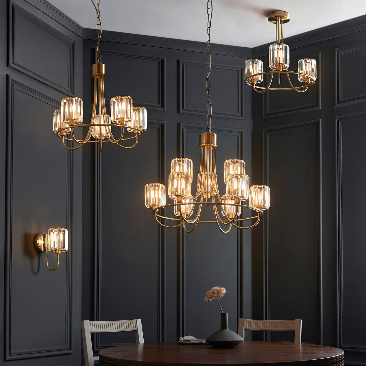 Endon Berenice 9 Light Tiered Pendant - Antique Brass Plate & Clear Glass