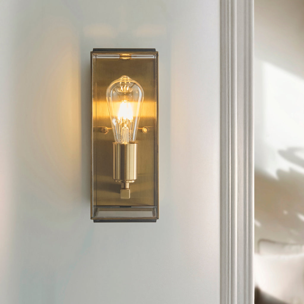 Endon Hammond Wall Light - Antique Solid Brass, Brushed Aged Brass Plate & Clear Glass