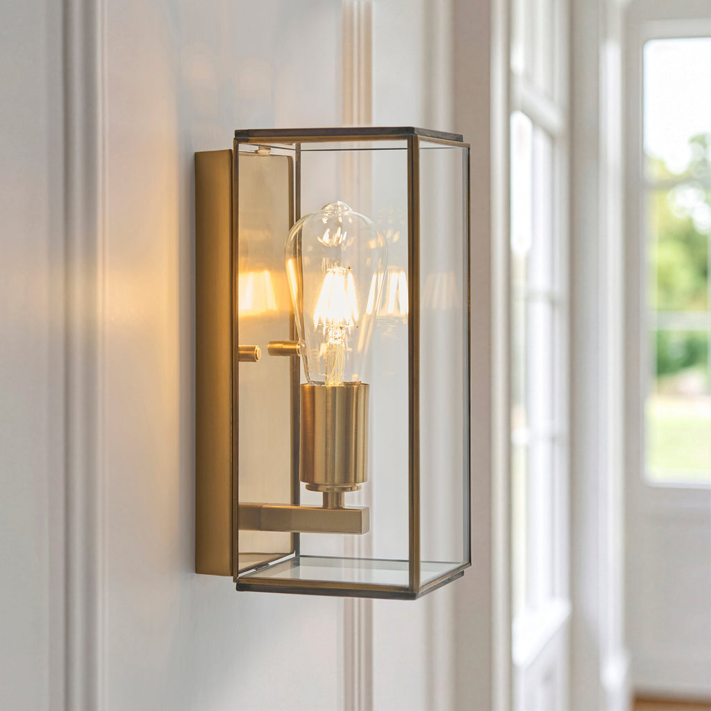 Endon Hammond Wall Light - Antique Solid Brass, Brushed Aged Brass Plate & Clear Glass