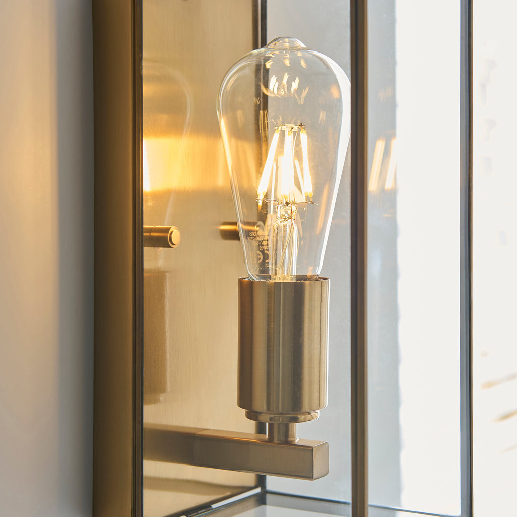 Endon Hammond Wall Light - Antique Solid Brass, Brushed Aged Brass Plate & Clear Glass