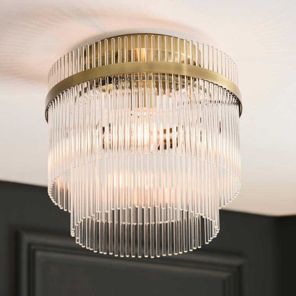 Endon Marietta Flush Ceiling Light - Antique Brass Plate & Clear Glass