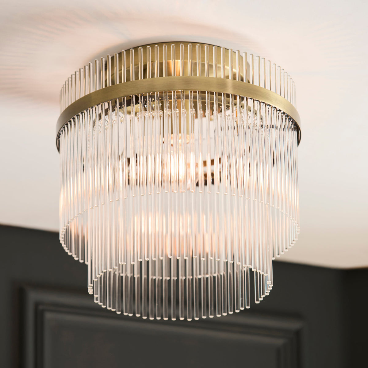 Endon Marietta Flush Ceiling Light - Antique Brass Plate & Clear Glass