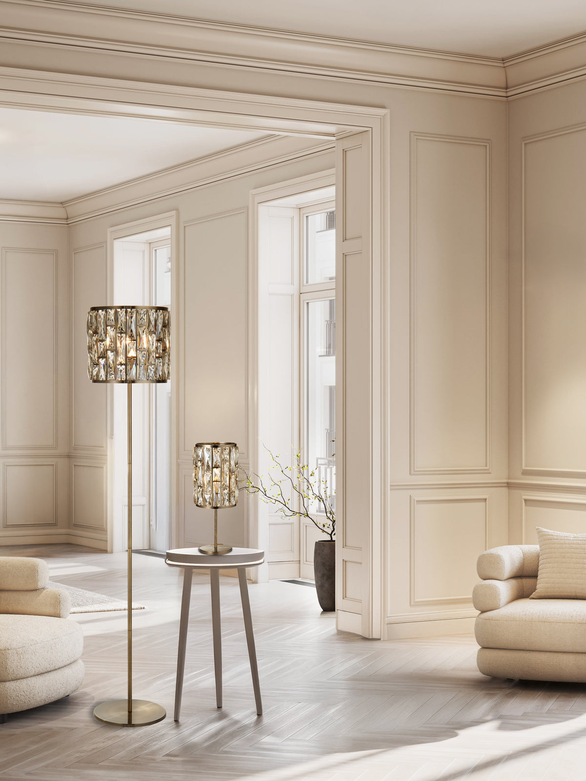 Searchlight Becket Table Lamp - Antique Brass & Champagne Glass