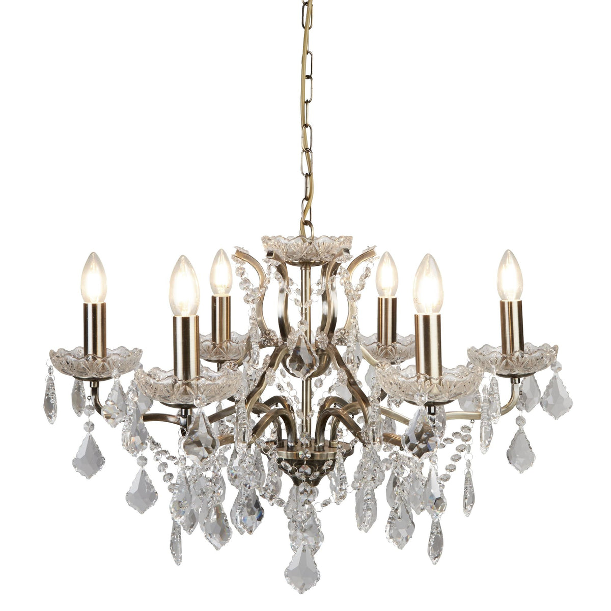 Searchlight Paley 6 Light Chandelier - Antique Brass & Clear Crystal Drops