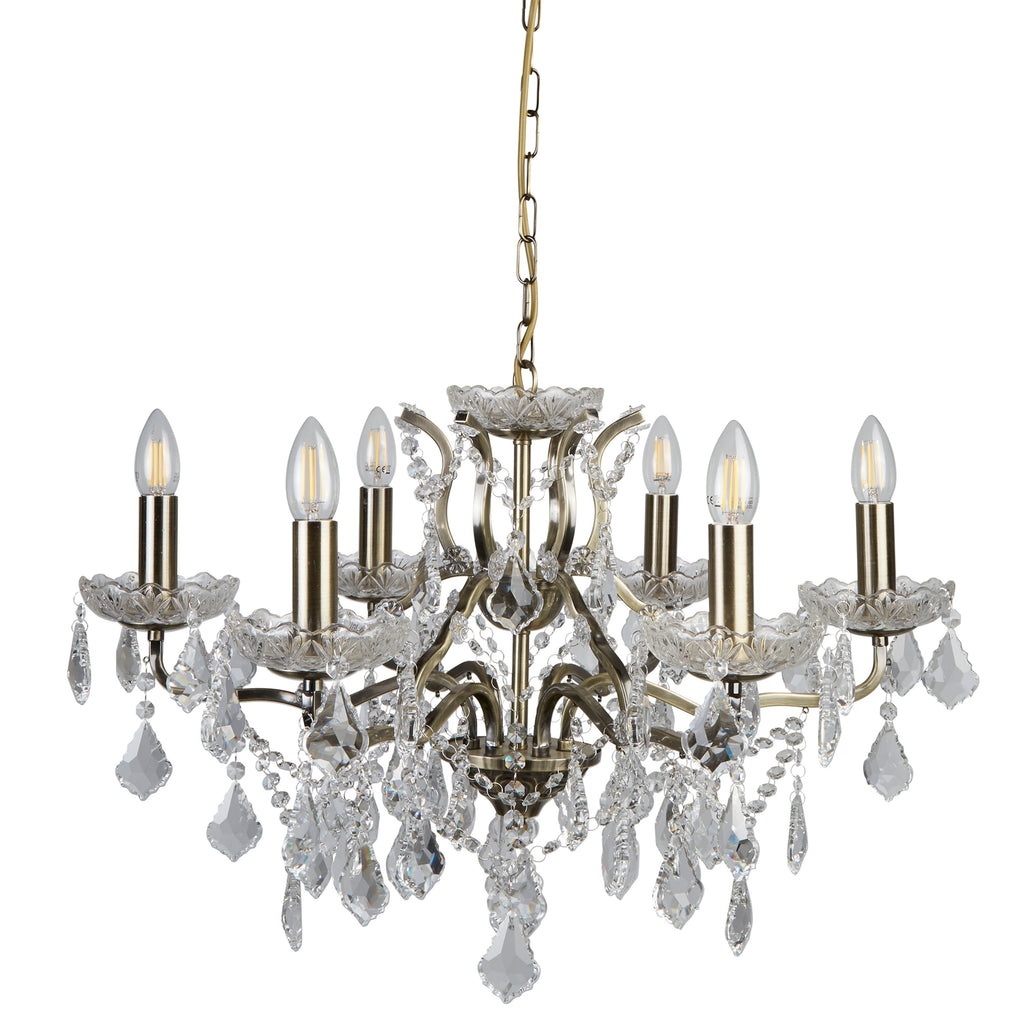 Searchlight Paley 6 Light Chandelier - Antique Brass & Clear Crystal Drops