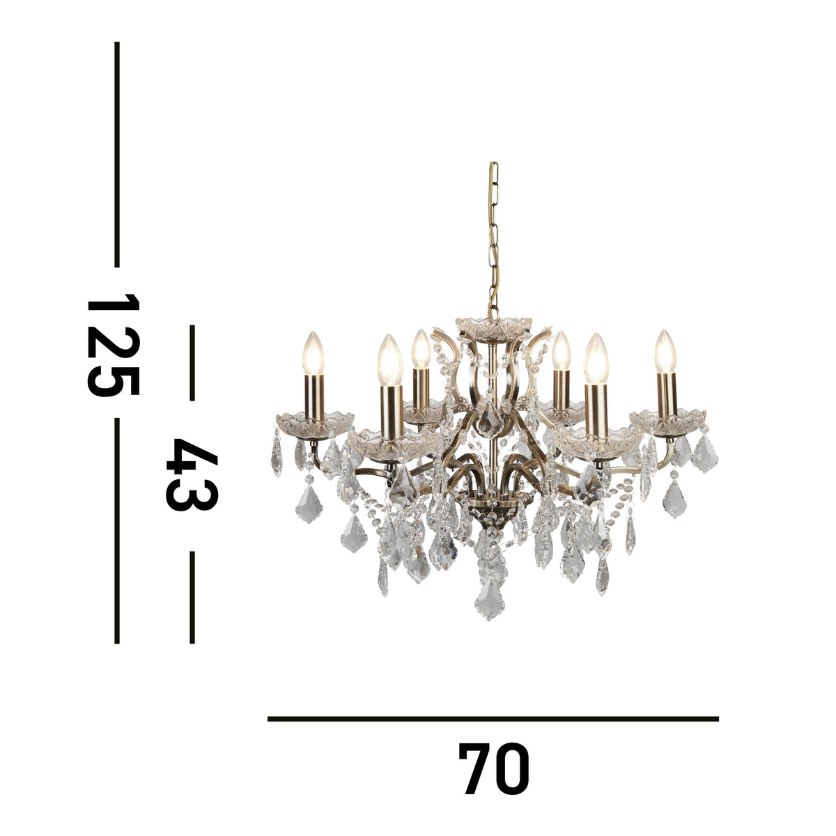 Searchlight Paley 6 Light Chandelier - Antique Brass & Clear Crystal Drops